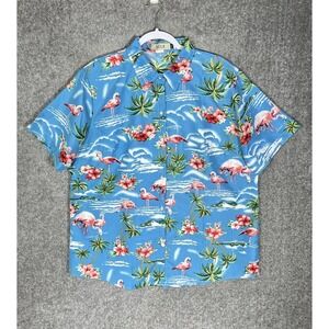 SSLR Button Up Top Womens Size 2XL Blue Pink Flamingo Hawaiian Resort Wear